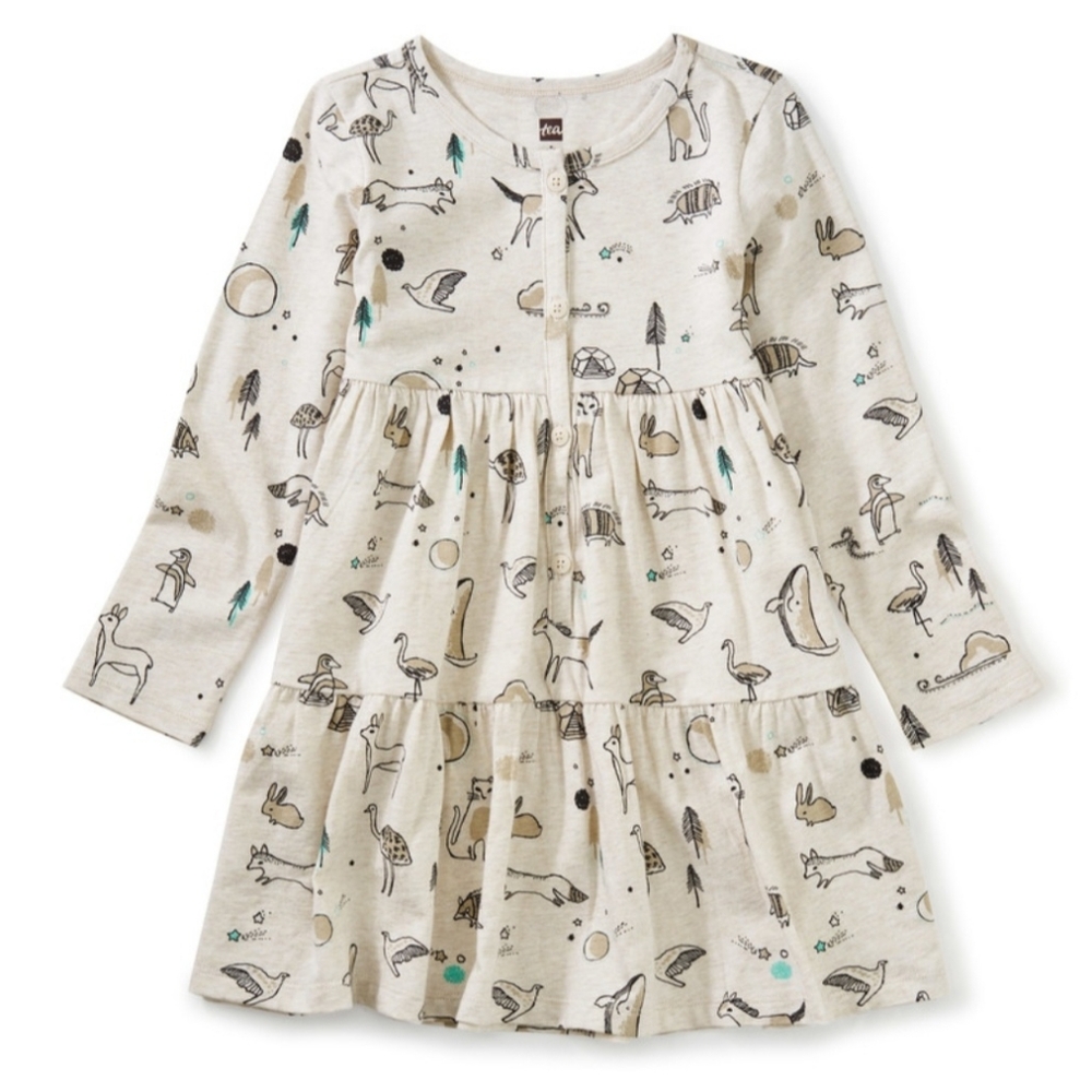 Tea Collection Tiered Henley Dress Animal Fall Print Gray 10